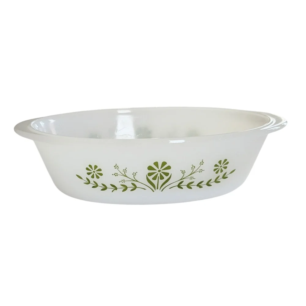 Glasbake Vintage J235 Green Floral Oval Dish